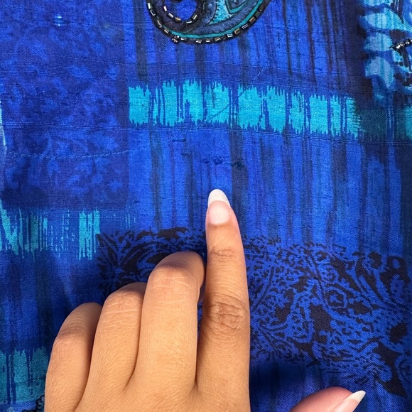 Vntg Chico's Design Silk Raw Blue Paisley Beaded Button Up Jacket Blouse Sz 1 - Picture 9 of 10